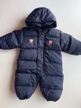 Baby JACADI Navy Funny Bear Embroidered Nylon Down Filled Snowsuit, Size 18M
